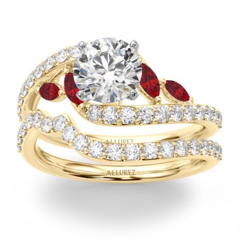 Swirl Design Lab Grown Diamond & Marquise Lab Ruby Bridal Ring Set 14K Yellow Gold (0.96ct)